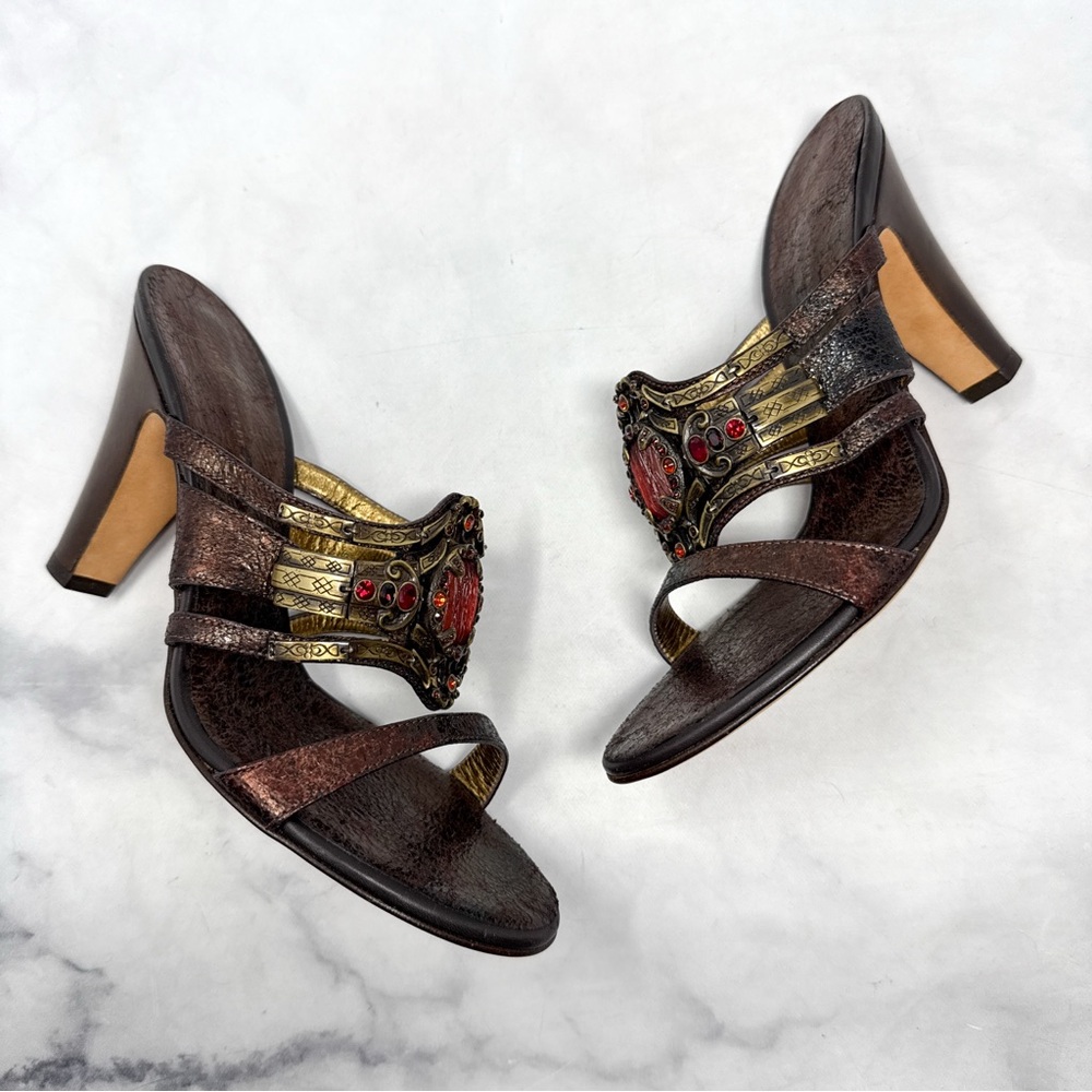 NEW Giuseppe Zanotti Vicini Vintage Y2K Leather Jeweled Mule Sandal Heel Bronze - Picture 4 of 13